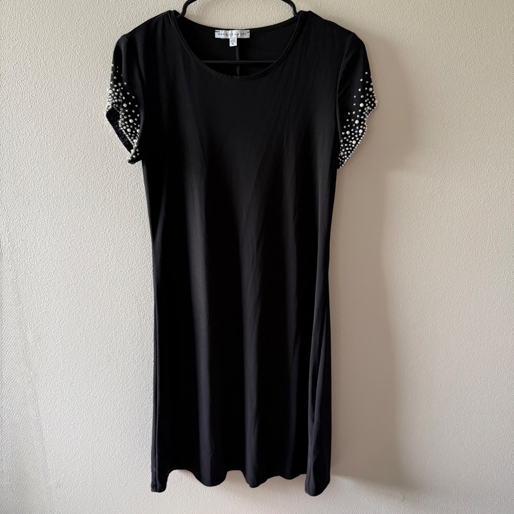 Annalee + Hope Black Pearl Studded Sleeve Shift Dress Womens Small Made in USA